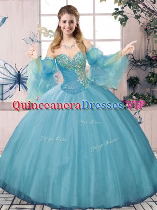 Vintage Blue Tulle Lace Up Sweetheart Long Sleeves 15 Quinceanera Dress Beading and Ruching