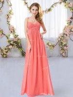 Floor Length Zipper Court Dresses for Sweet 16 Watermelon Red for Wedding Party with Ruching