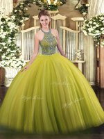 Cute Halter Top Sleeveless Quince Ball Gowns Floor Length Beading Olive Green Tulle