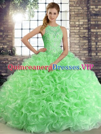 New Arrival Green Fabric With Rolling Flowers Lace Up Quinceanera Dress Sleeveless Floor Length Beading