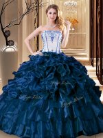 Organza Strapless Sleeveless Lace Up Pick Ups Sweet 16 Dress in Navy Blue