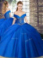 Royal Blue Tulle Lace Up Off The Shoulder Sleeveless Quinceanera Gown Brush Train Beading and Pick Ups