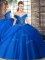 Royal Blue Tulle Lace Up Off The Shoulder Sleeveless Quinceanera Gown Brush Train Beading and Pick Ups