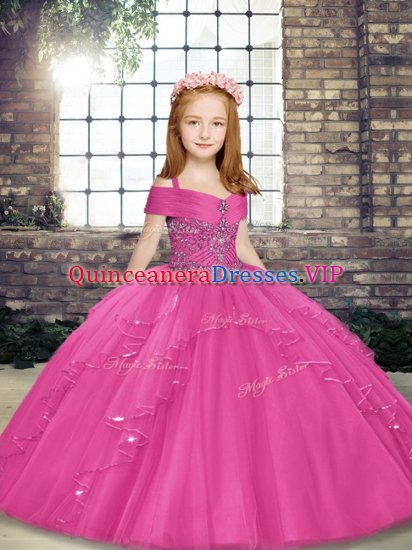 Tulle Straps Sleeveless Lace Up Beading Kids Pageant Dress in Hot Pink - Click Image to Close