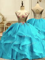 Elegant Aqua Blue Scoop Lace Up Appliques and Ruffles 15 Quinceanera Dress Sleeveless