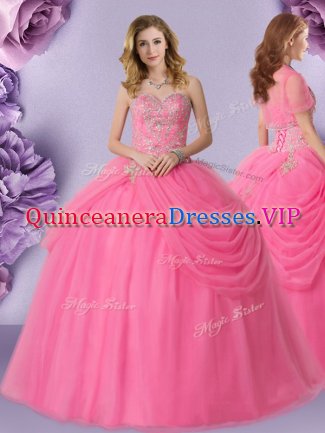 Sweetheart Sleeveless Quinceanera Dresses Floor Length Beading and Pick Ups Rose Pink Tulle