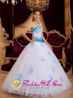 A-line Sweetheart Aqua and White Quinceanera Dress With Appliques Tulle In South Carolina In Flagstaff AZ