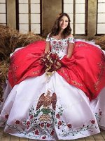 Off the Shoulder White And Red Ball Gowns Embroidery and Ruffled Layers Quinceanera Gowns Lace Up Organza and Taffeta Sleeveless