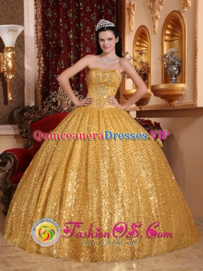 Santa Cruz de Lorica colombia Gold Ball Gown and Appliques Decorate Bodice For Quinceanera Dress by Paillette Over Skirt - Click Image to Close