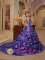 Bandera TX Eggplant Purple Appliques Decorate Bust Hand Made Flowers Quinceanera Gowns With Pick-ups And Chapel Train