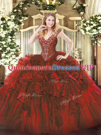 Organza Sleeveless Floor Length 15 Quinceanera Dress and Beading and Ruffles