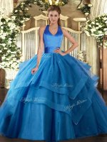 High End Blue Sleeveless Tulle Lace Up Quinceanera Gown for Military Ball and Sweet 16 and Quinceanera