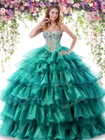 Custom Designed Green Organza Lace Up Sweetheart Sleeveless Floor Length Ball Gown Prom Dress Beading and Ruffled Layers