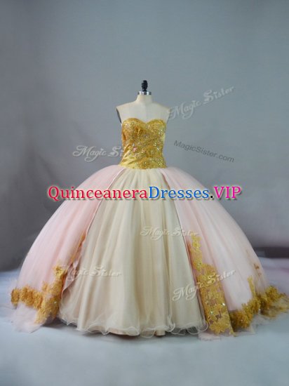 Pink and Champagne Quinceanera Gowns Brush Train Sleeveless Beading and Lace and Appliques - Click Image to Close