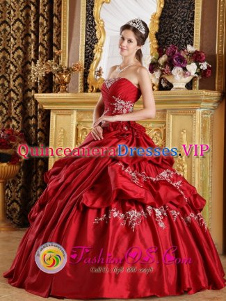 Appliques and Ruched Bodice For Strapless Red Quinceanera Dress With Ball Gown And Pick-ups IN Bridgehampton NY