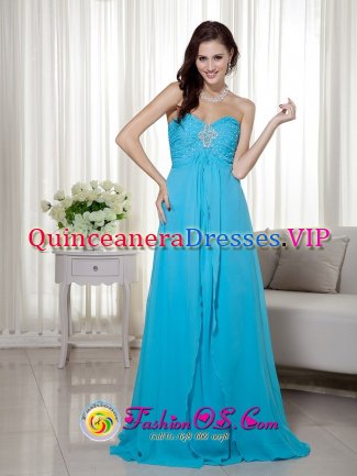 Kula Hawaii/HI Blue Chiffon Empire Quinceanera Dama Dress with Sweetheart Brush Train Beading