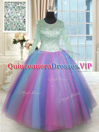 Scoop Multi-color Ball Gowns Beading Quinceanera Dress Lace Up Tulle Long Sleeves Floor Length