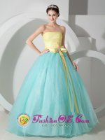 Fabulous Baby Blue and Yellow For Strapless Quinceanea Dress Sash and Ruched Bodice Decorate In Kingston New York/NY