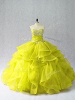 Designer Beading and Ruffles Sweet 16 Dresses Yellow Green Lace Up Sleeveless Floor Length