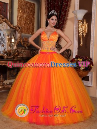 Hollywood Florida/FL V-neck With Spaghetti straps Taffeta and Tulle Orange Red Fantastic Quinceanera Dresses