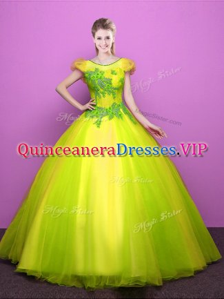 Yellow Green Scoop Neckline Appliques Quinceanera Gowns Short Sleeves Lace Up