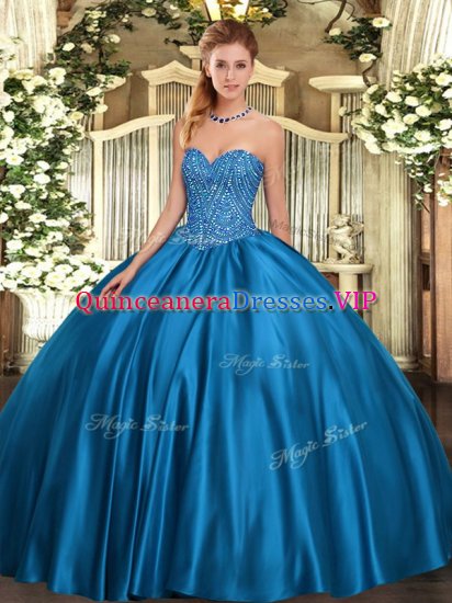 On Sale Floor Length Blue Quinceanera Gowns Satin Sleeveless Beading - Click Image to Close