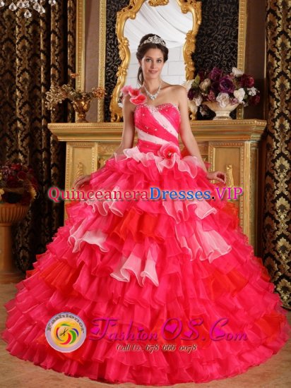 Bandera TX Colorful Hand Made Flowers Decorate One Shoulder and Ruffles Layered For Ball Gown Quinceanera Dress - Click Image to Close