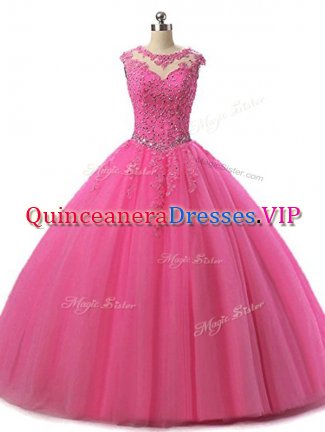 Amazing Hot Pink Ball Gowns Tulle Scoop Sleeveless Beading and Lace Floor Length Lace Up Quince Ball Gowns