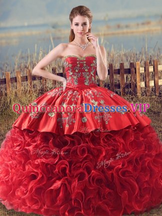 Exceptional Coral Red Sweetheart Lace Up Embroidery and Ruffles Vestidos de Quinceanera Brush Train Sleeveless