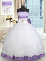 Super Floor Length White And Purple Quinceanera Gown Taffeta and Tulle Sleeveless Beading and Lace and Bowknot(SKU PSSW0365BIZ)