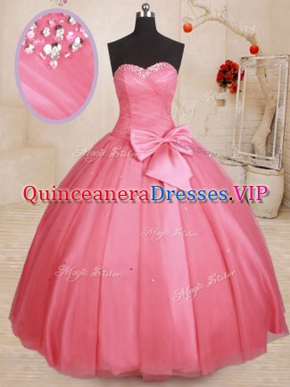 Pink Tulle Lace Up 15 Quinceanera Dress Sleeveless Floor Length Beading and Bowknot