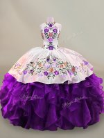 Sleeveless Organza Floor Length Lace Up 15th Birthday Dress in White And Purple with Embroidery(SKU SWQD301-8BIZ)