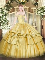 Sophisticated Sleeveless Floor Length Beading and Ruffled Layers Lace Up 15 Quinceanera Dress with Gold