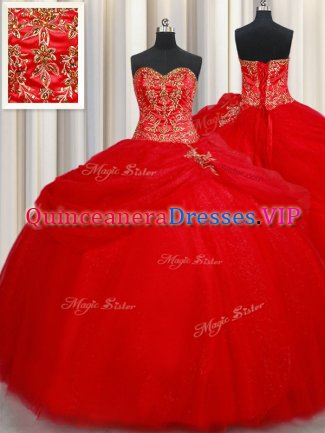 Pretty Red Lace Up Sweetheart Beading and Pick Ups Ball Gown Prom Dress Tulle Sleeveless