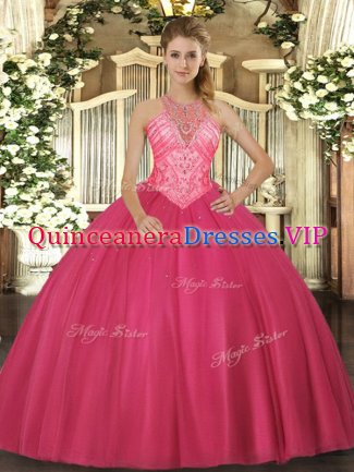 Hot Pink Ball Gowns Tulle High-neck Sleeveless Beading Floor Length Lace Up Quinceanera Dresses