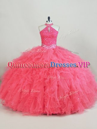 Fabulous Halter Top Sleeveless Tulle Quinceanera Dresses Beading and Ruffles Lace Up