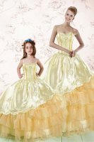 Gold 15 Quinceanera Dress Military Ball and Sweet 16 and Quinceanera with Embroidery and Ruffled Layers Sweetheart Sleeveless Lace Up