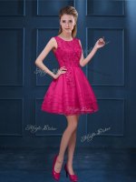 Hot Pink A-line Tulle Scoop Sleeveless Lace and Ruffled Layers Knee Length Zipper Dama Dress for Quinceanera