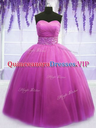 Smart Tulle Sweetheart Sleeveless Lace Up Beading and Belt Vestidos de Quinceanera in Lilac