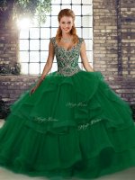 Edgy Floor Length Lace Up Vestidos de Quinceanera Green for Military Ball and Sweet 16 and Quinceanera with Beading and Ruffles