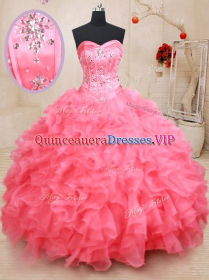 Dazzling Pink Organza Lace Up Quinceanera Dress Sleeveless Floor Length Beading and Ruffles - Click Image to Close