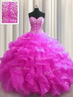 Eye-catching Visible Boning Fuchsia Sleeveless Organza Lace Up Sweet 16 Dress for Military Ball and Sweet 16 and Quinceanera