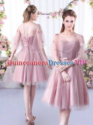 Appliques and Belt Court Dresses for Sweet 16 Pink Lace Up Sleeveless Knee Length