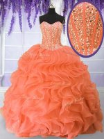 Orange Red Organza Lace Up Sweetheart Sleeveless Floor Length 15 Quinceanera Dress Beading and Ruffles