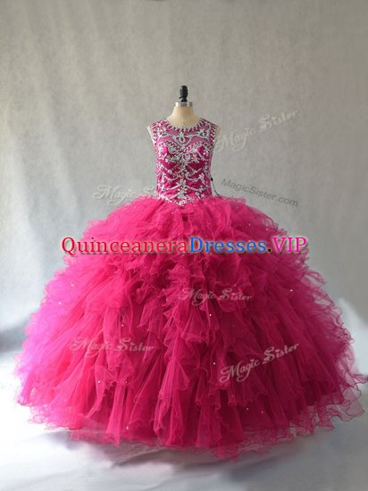 Hot Pink Lace Up Quinceanera Dress Beading Sleeveless - Click Image to Close