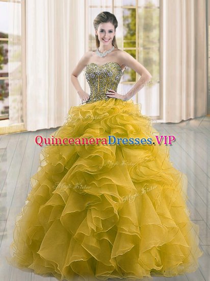 Gold Organza Lace Up Sweetheart Sleeveless Floor Length Quinceanera Gown Beading and Ruffles - Click Image to Close