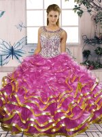 Dramatic Fuchsia Ball Gowns Organza Scoop Sleeveless Beading and Ruffles Floor Length Lace Up Quinceanera Gown