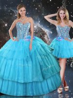 Custom Fit Aqua Blue Ball Gowns Sweetheart Sleeveless Organza Floor Length Lace Up Ruffled Layers and Sequins Quinceanera Gowns(SKU QDDTA105001-6BIZ)