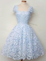 Dazzling Cap Sleeves Lace Knee Length Lace Up Vestidos de Damas in Light Blue with Lace