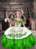 Off The Shoulder Sleeveless Kids Pageant Dress Floor Length Beading and Embroidery and Ruffles Green Organza(SKU XBLD014-6BIZ)